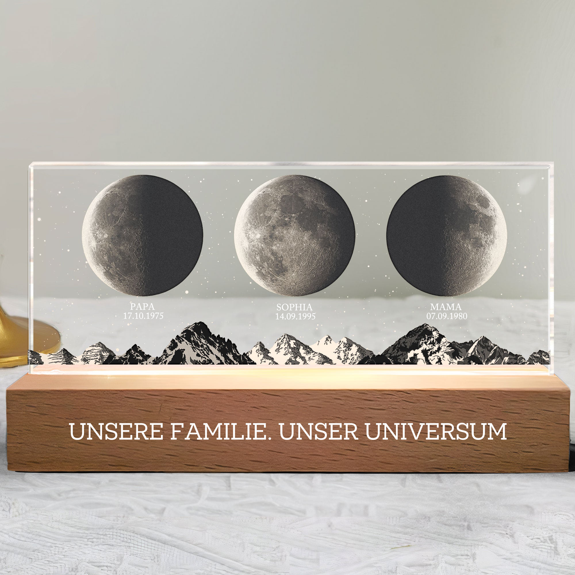 Personalisierte LED-Nachtlicht mit Mondphasen und Text Geschenk für Papa und Mama