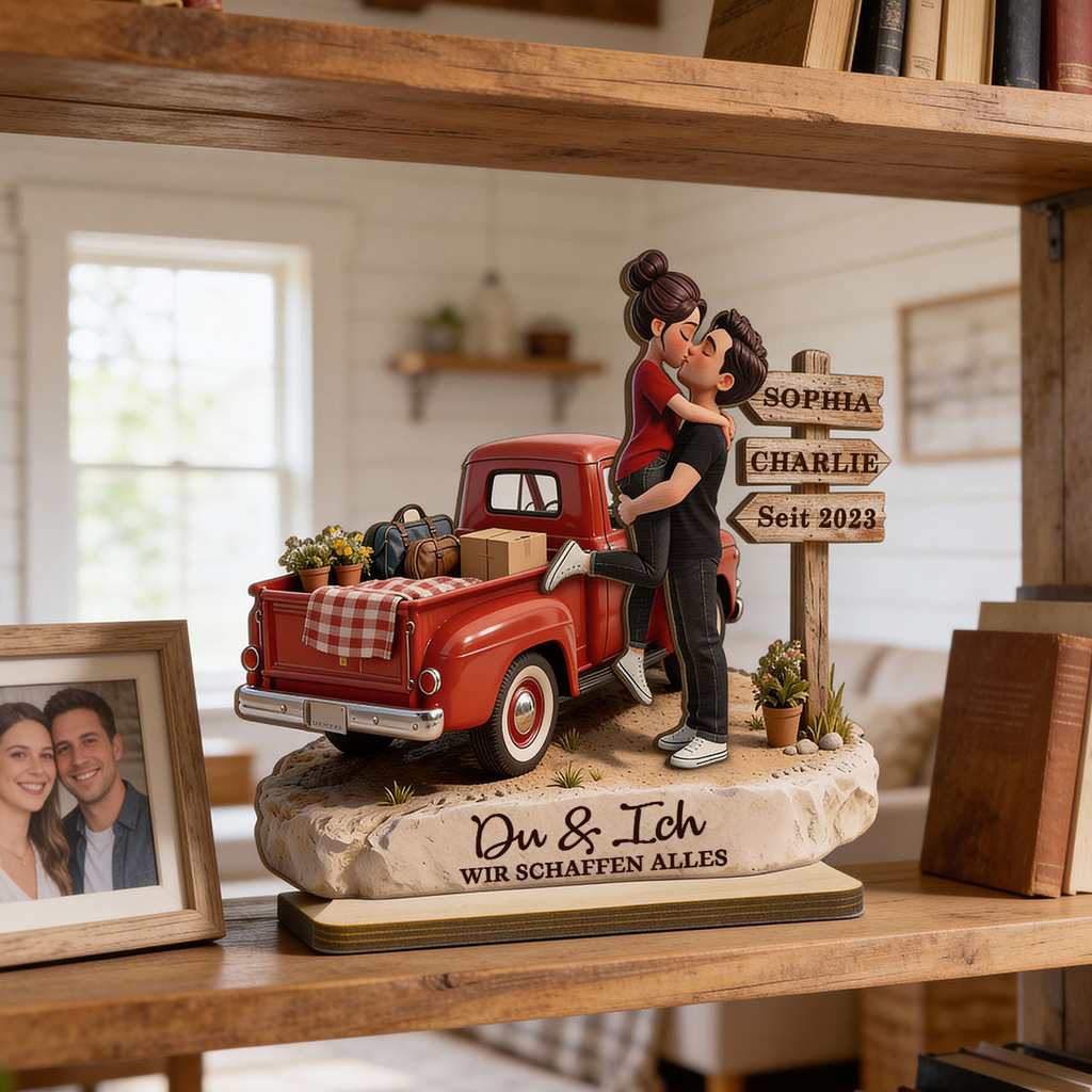 Paar und Wagen - Personalisierter Holzaufsteller mit Figuren und Text