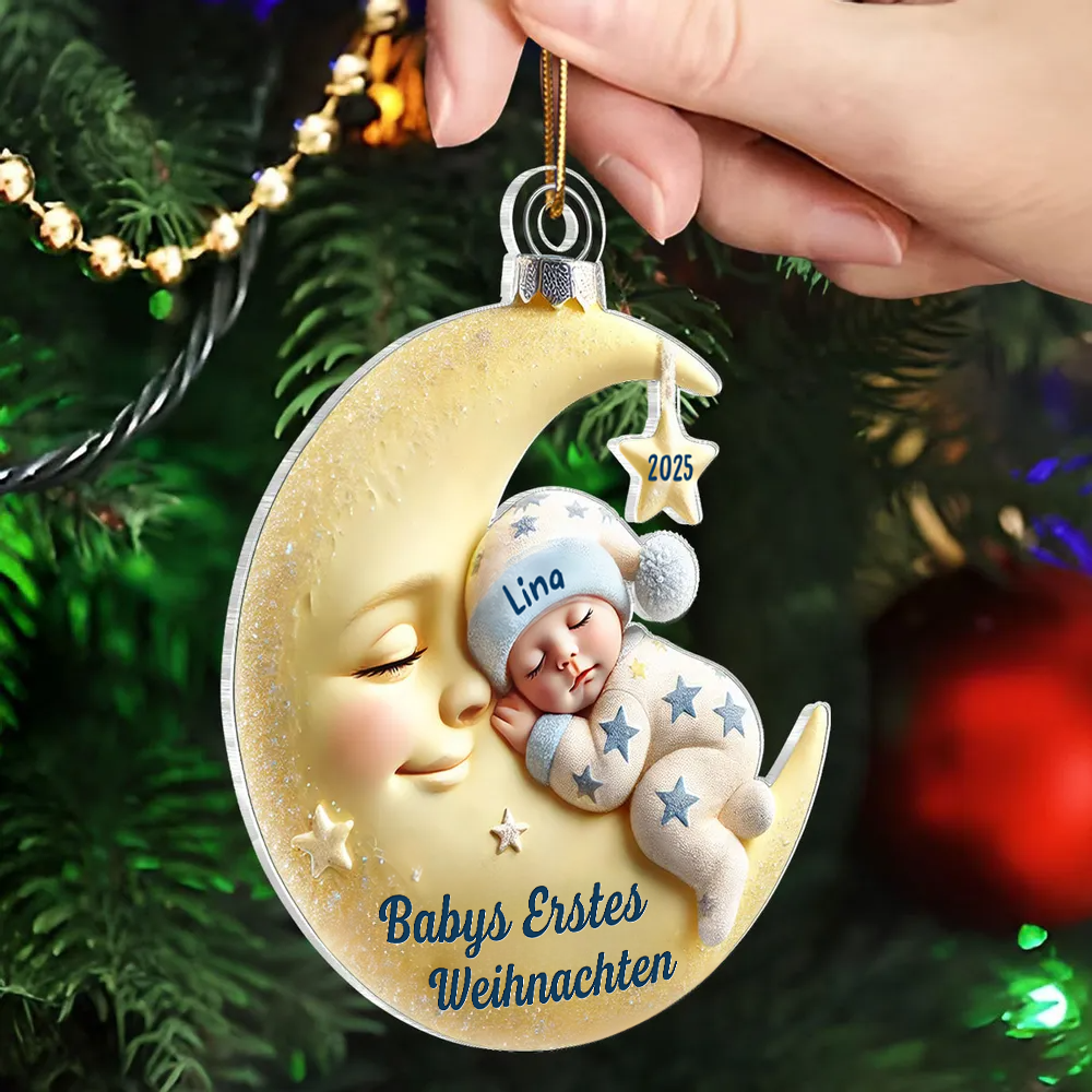 Babys erstes Weihnachten – Personalisierter Acryl-Anhänger „Baby auf Mond“