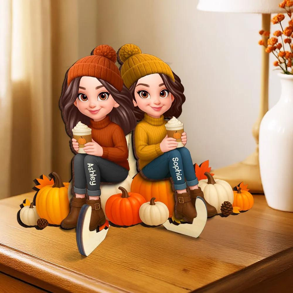 Personalisierte Holztafel mit Frauen auf Kürbissen Geschenk für Freundinnen und Schwester