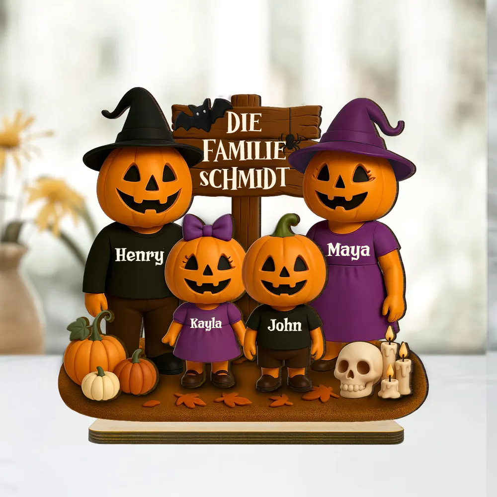 Halloween Familie mit Kürbissen - Personalisierte Holzplakette mit Namen