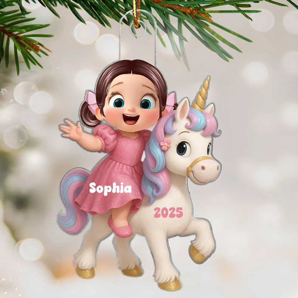 Cartoon-Kind mit Einhorn – personalisiertes flaches Acryl-Weihnachtsornament