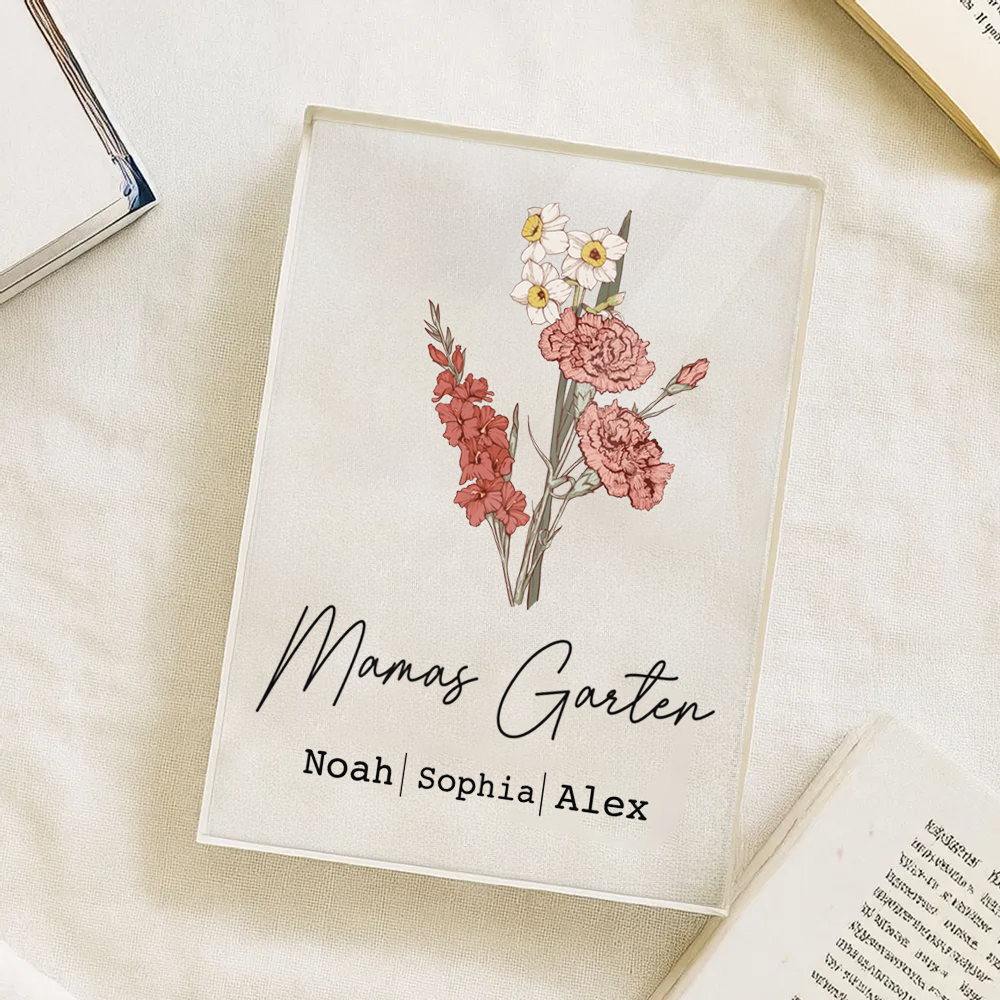 Personalisierter Acrylblock mit Geburtsblumenstrauß, Text und Namen Geschenk für Mama und Oma