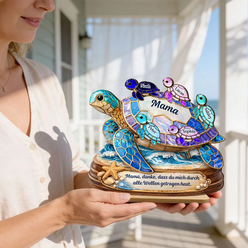 Schildkrötenmama/-oma mit Kindern-Personalisierter Holzaufsteller mit Namen und Text