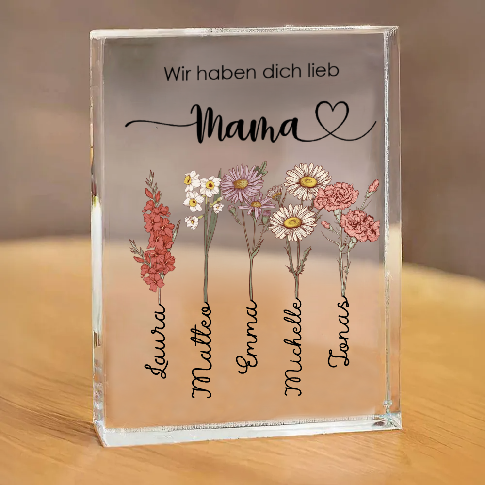 Personalisierter Acrylblock mit Geburtsblumen, Namen und Text Geschenk für Oma und Mama