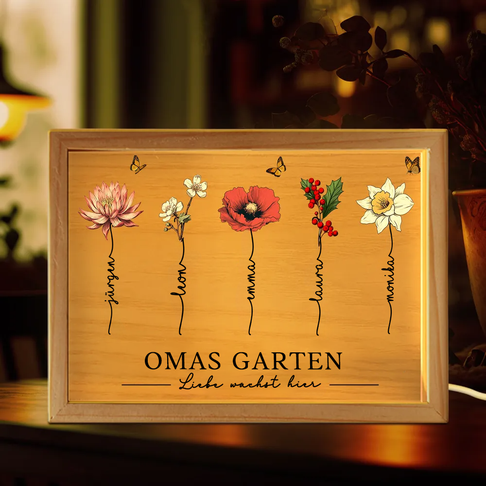 Omas Garten-Personalisierte Holzrahmen-Lichtbox mit Geburtsblumen und Text für Oma und Mama