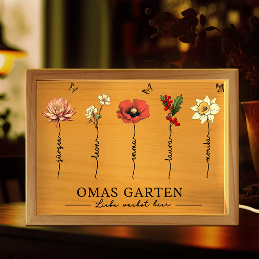Omas Garten-Personalisierte Holzrahmen-Lichtbox mit Geburtsblumen und Text für Oma und Mama