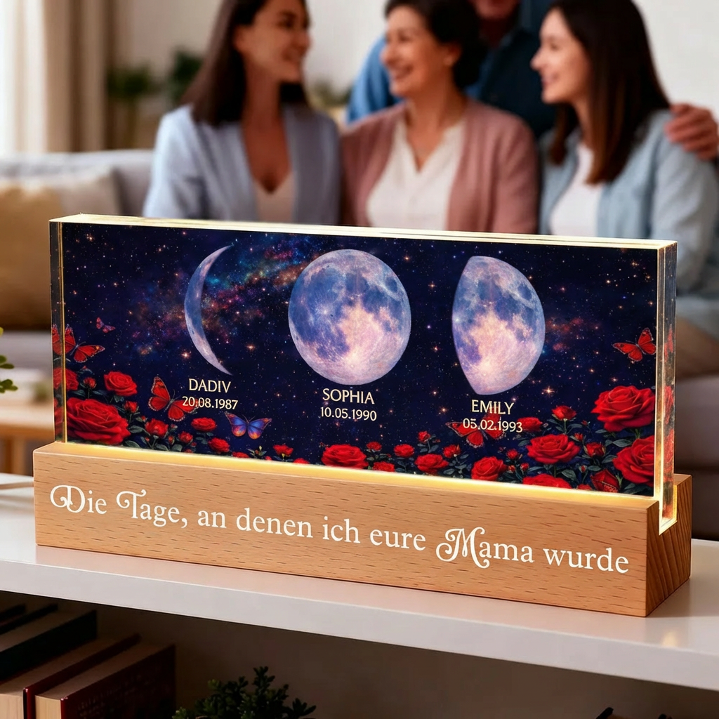 Rosen und Mondphasen- Personalisiertes LED Nachtlicht mit Text und Mondpahsen Geschenk für Mama und Oma
