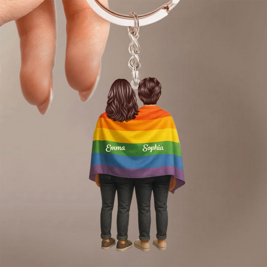 Regenbogenfahne-Personalisierter Schlüsselanhänger mit 2 Figuren für LGBT-Paar