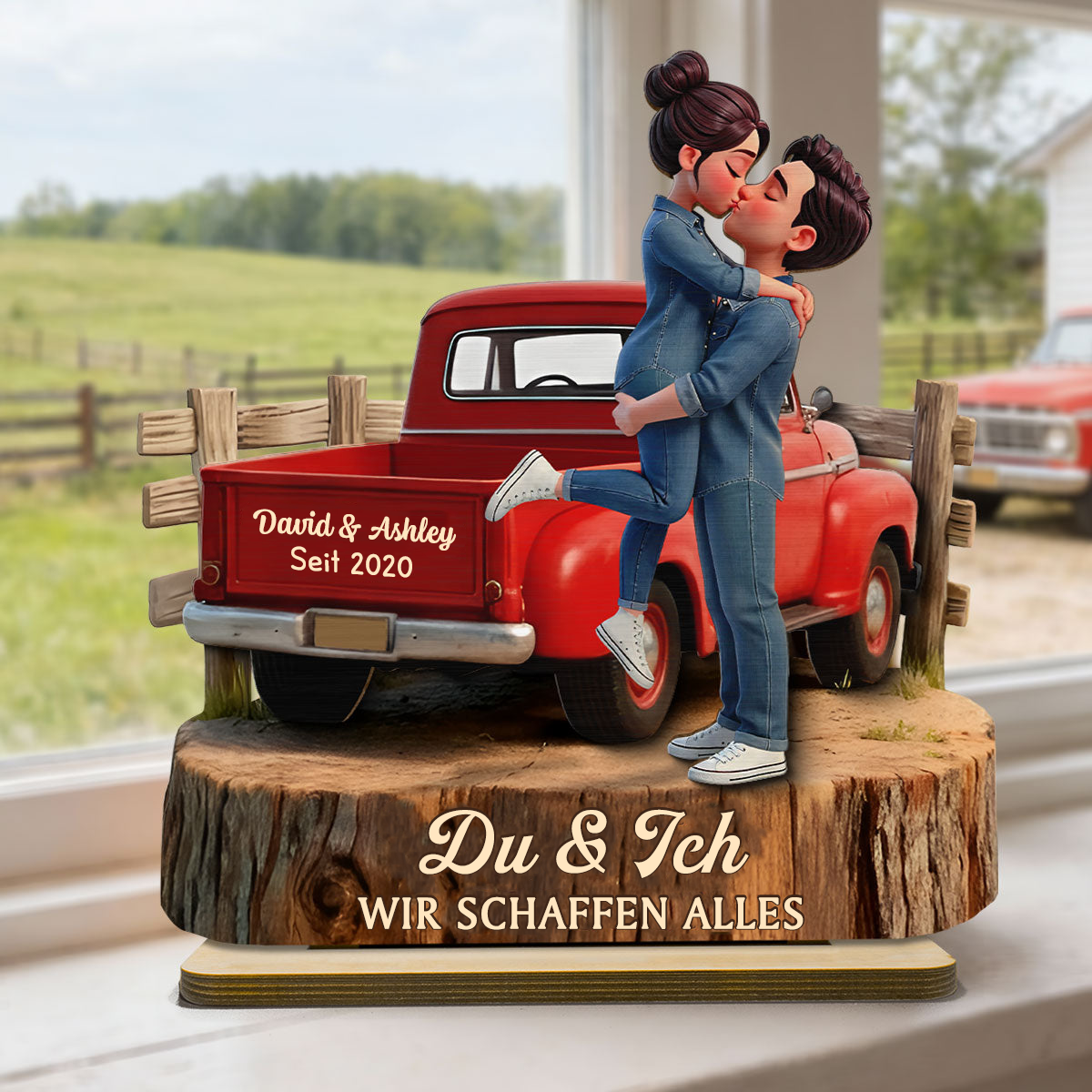 Pick-up-LKW und Paar Personalisierter Holzaufsteller mit Spruch