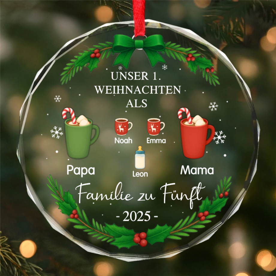 Glas-Ornament mit Getränke und Namen "Erstes Weihnachten als Familie zu..." Personalisierter Christbaumschmuck