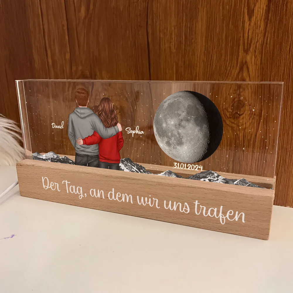 Paar unter dem Mond-Personalisierte LED-Nachtlicht mit Mondphase, Paar und Text