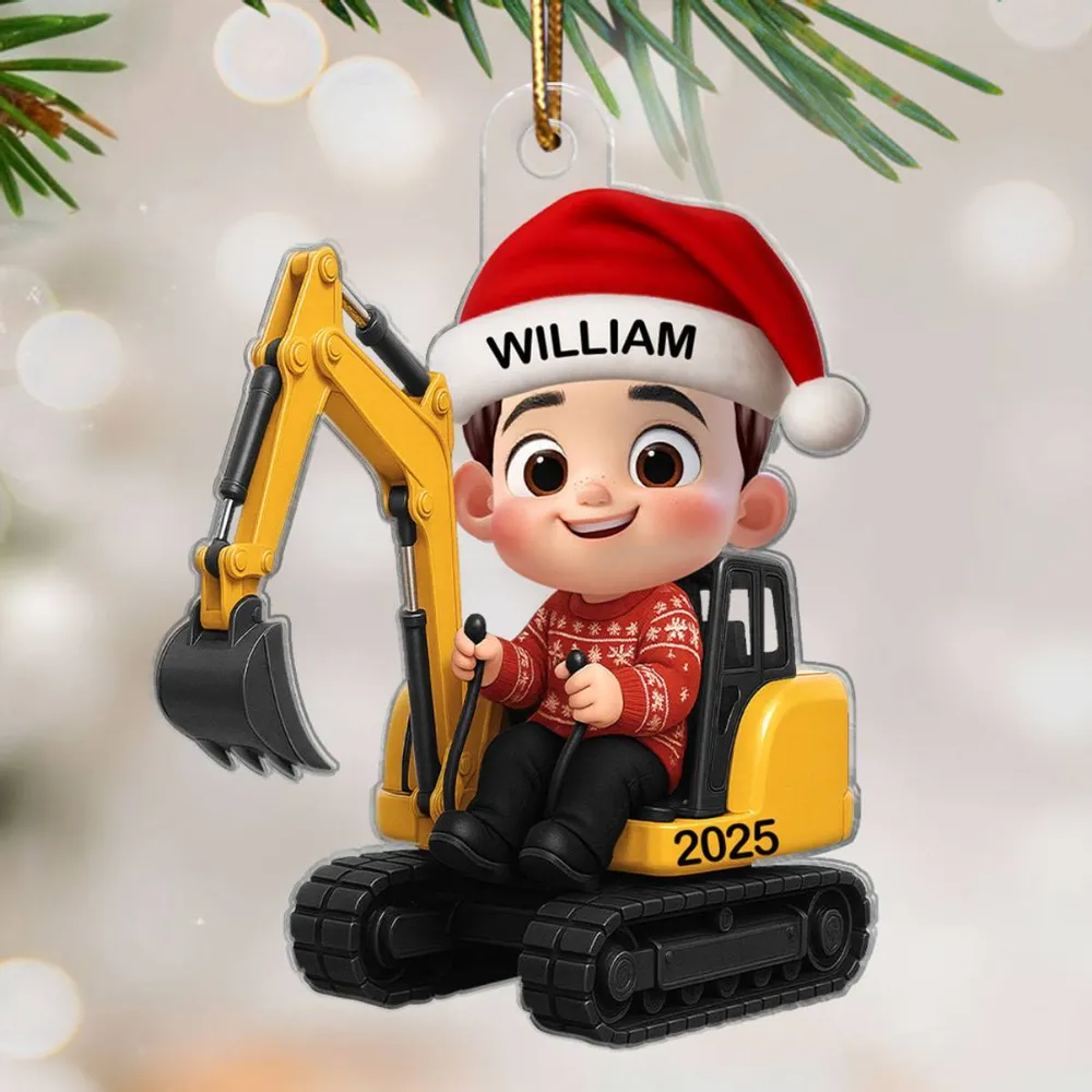 Süßes Kind mit Dinosaurier – Personalisierte Acryl-Weihnachtsanhänger – Lustiges Geschenk für Kinder & Enkel