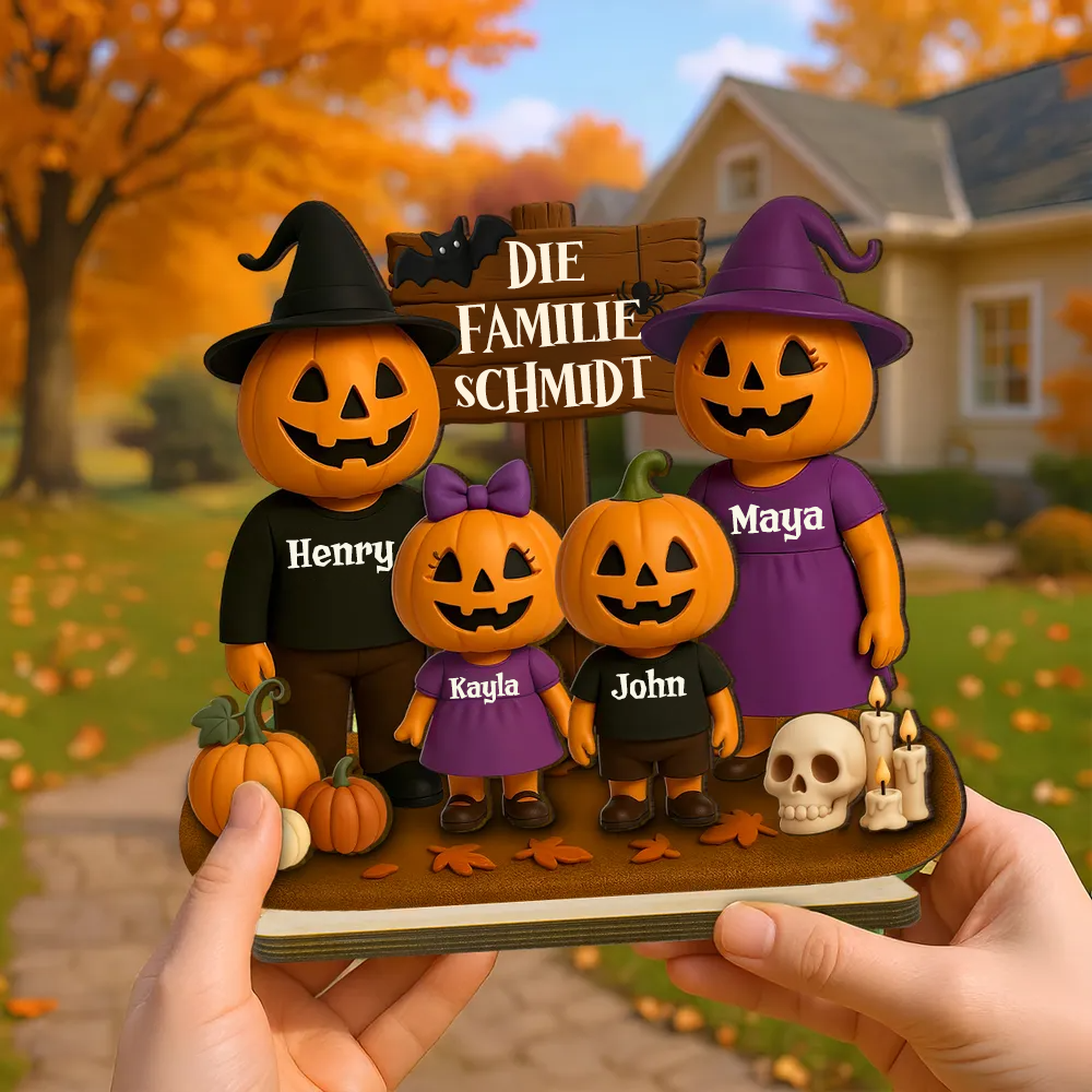 Halloween Familie mit Kürbissen - Personalisierte Holzplakette mit Namen