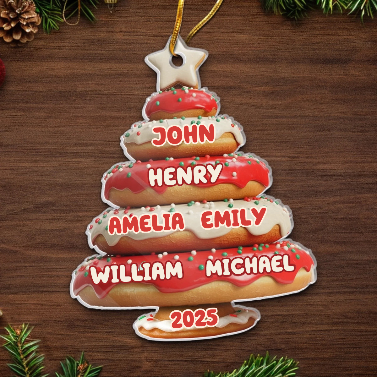 Donutbaum-Personalisierter Acrylanhänger mit Namen Christbaumschmuck für Familie