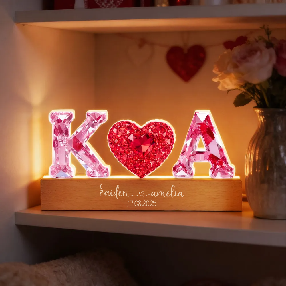Rosa Herz - Personalisierte LED-Nachtlicht mit 2 Buchstaben für Paar