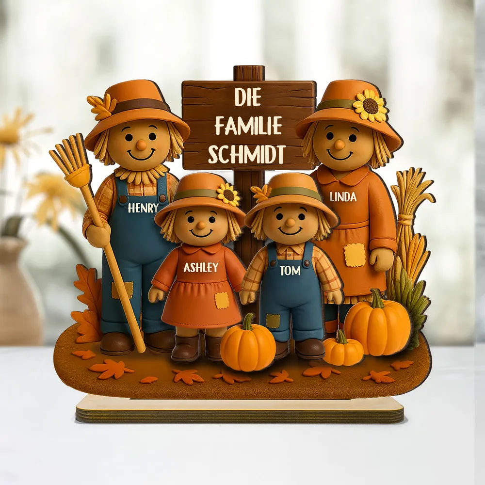 Vogelscheuchen und Kürbisse - Personalisierte Holztafel für Familie