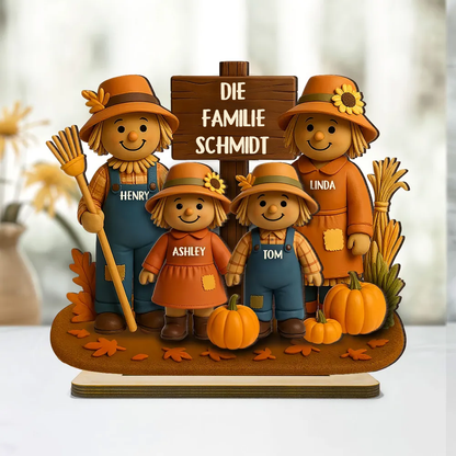 Vogelscheuchen und Kürbisse - Personalisierte Holztafel für Familie