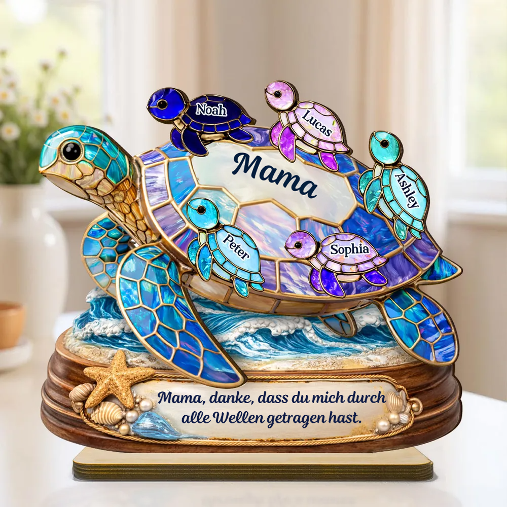 Schildkrötenmama/-oma mit Kindern-Personalisierter Holzaufsteller mit Namen und Text