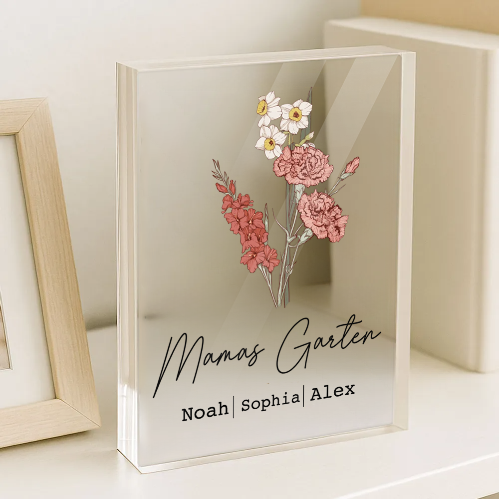 Personalisierter Acrylblock mit Geburtsblumenstrauß, Text und Namen Geschenk für Mama und Oma