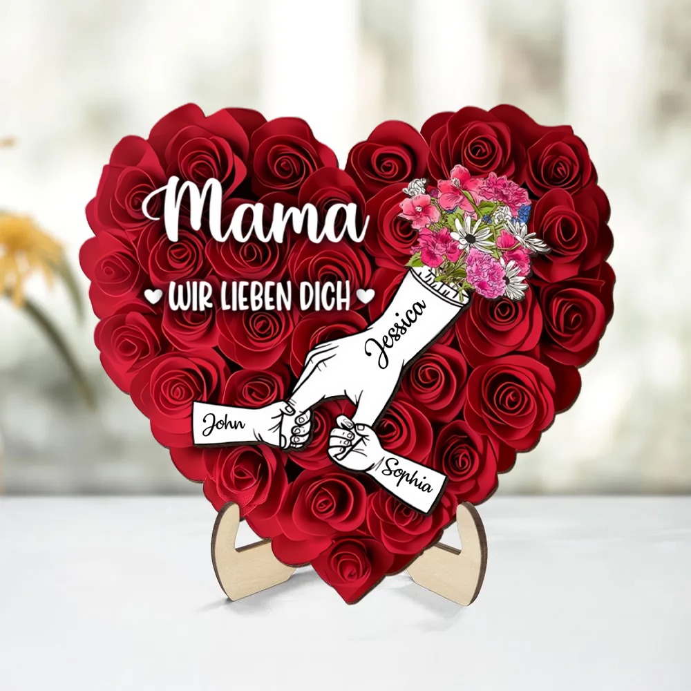 Hand-in-Hand Personalisierter Holzaufsteller mit Rosen Geschenk für Mama und Oma