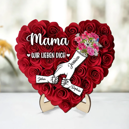 Hand-in-Hand Personalisierte Holztafel mit Rosen Geschenk für Mama und Oma