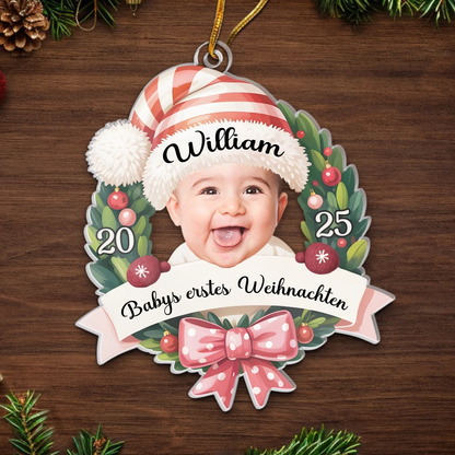 2025-Baby-Ornament mit Schleife Personalisierter Acrylanhänger mit Foto und Name Babys Erstes Weihnachten