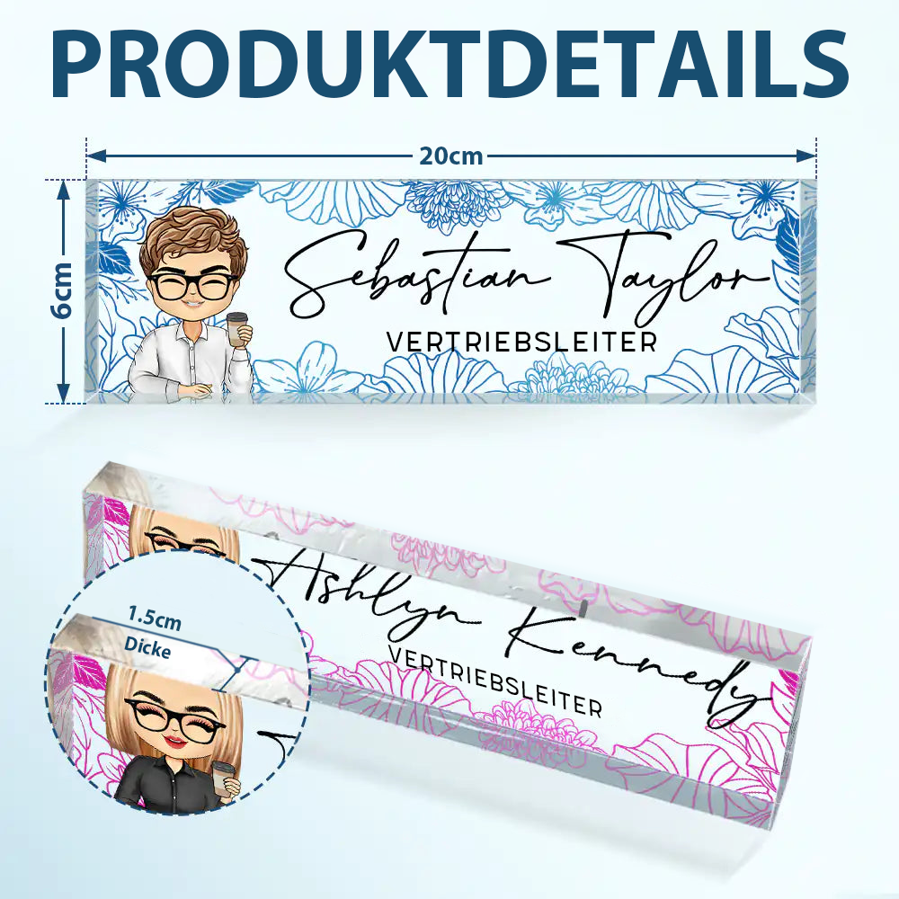 Personalisiertes Acryl-Namensschild für den Schreibtisch mit Blumenmotiv – Individuelles Geschenk für Kollegin & Freunde