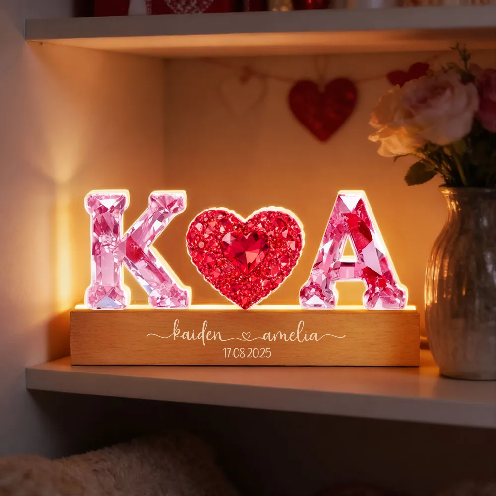 Rosa Herz - Personalisierte LED-Nachtlicht mit 2 Buchstaben für Paar