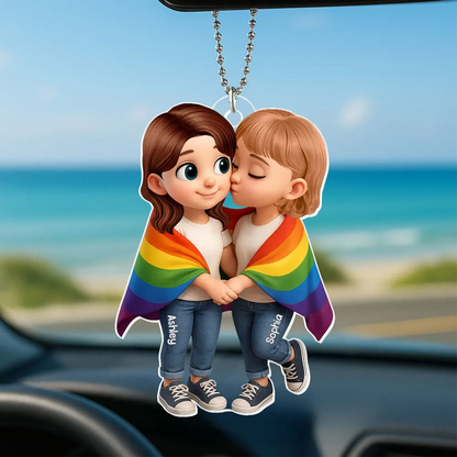 Paar mit Regenbogendecke-Personalisierter Autoanhänger aus Acryl Geschenk für LGB-Paare