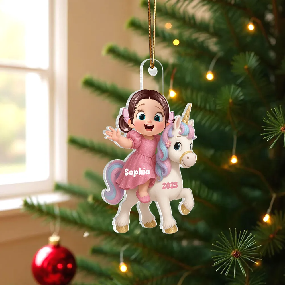 Cartoon-Kind mit Einhorn – personalisiertes flaches Acryl-Weihnachtsornament