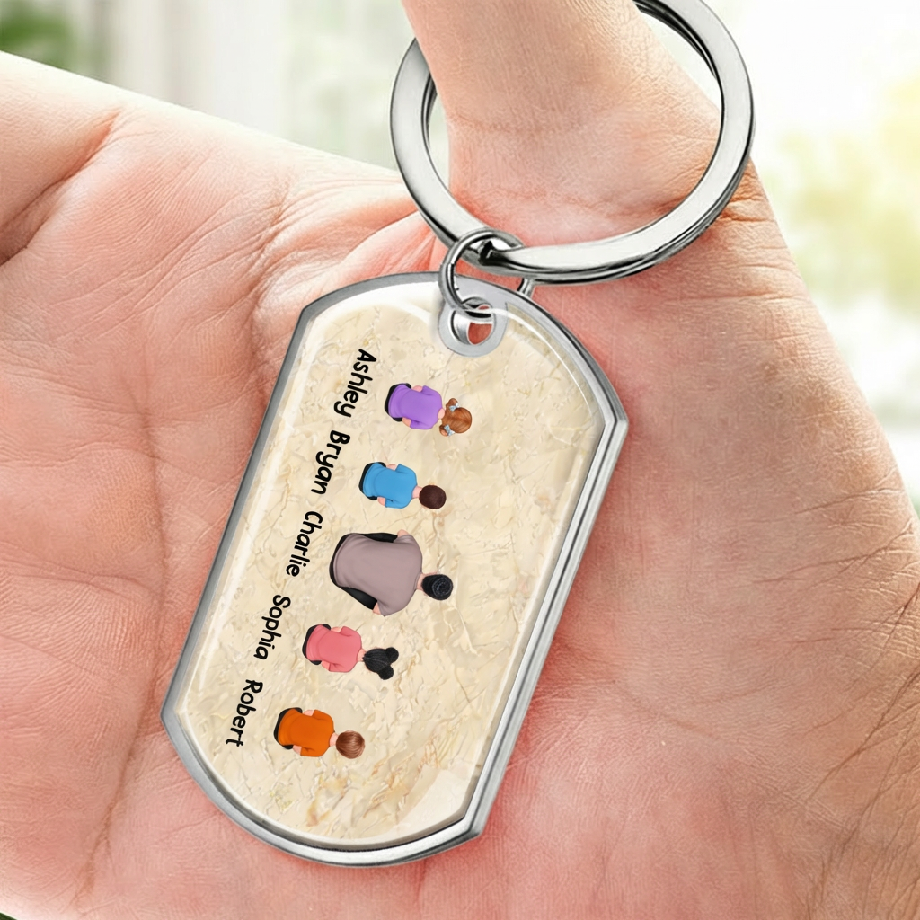 Papa und Kinder Fausstoß-Edelstahl-Schlüsselanhänger mit Expoxidharz