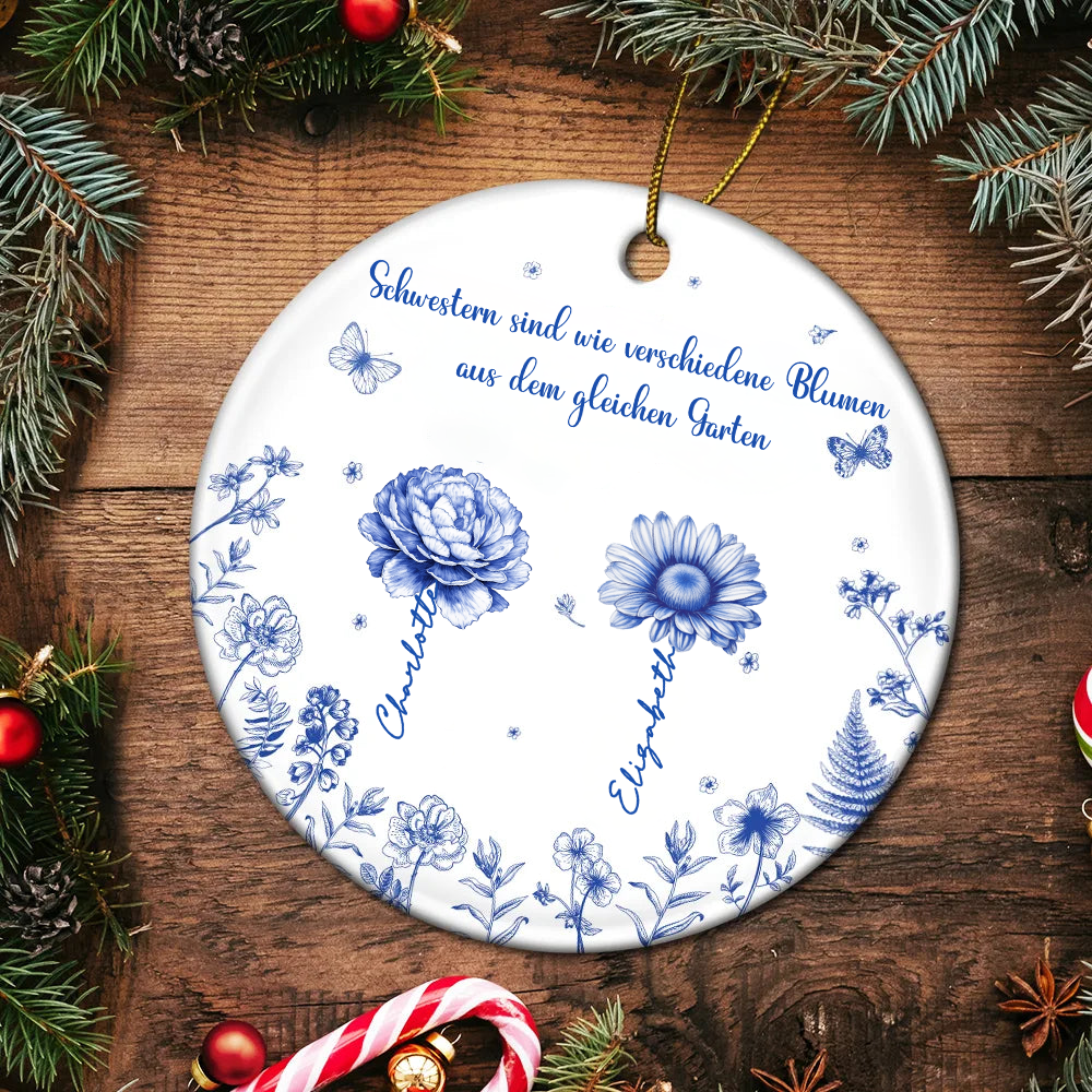 Personalisierte Keramik Ornament Christbaumschmuck mit Geburtsblumen Geschenk für Schwestern