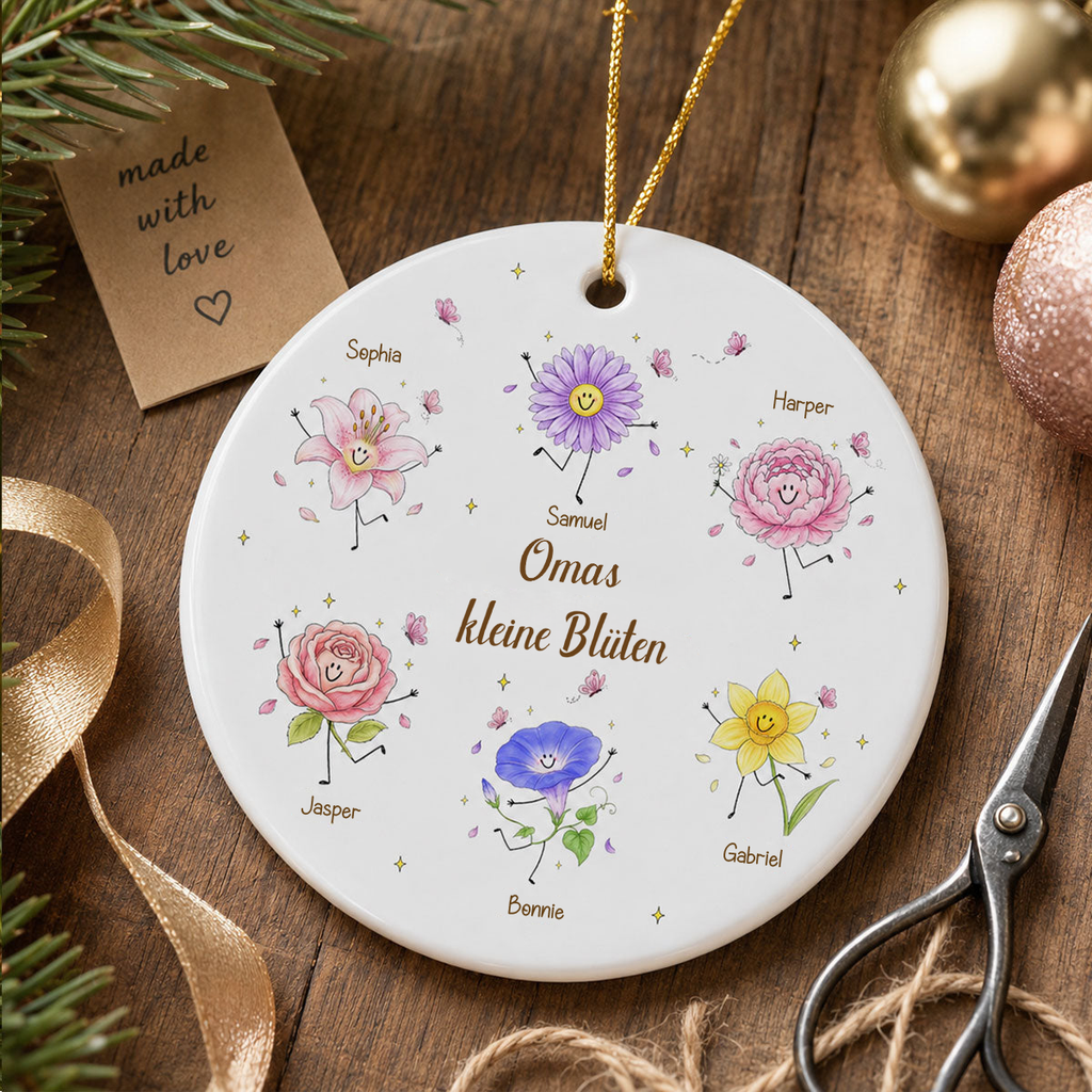 Personalisierter Keramik-Weihnachtsanhänger mit Geburtsblumen & Namen