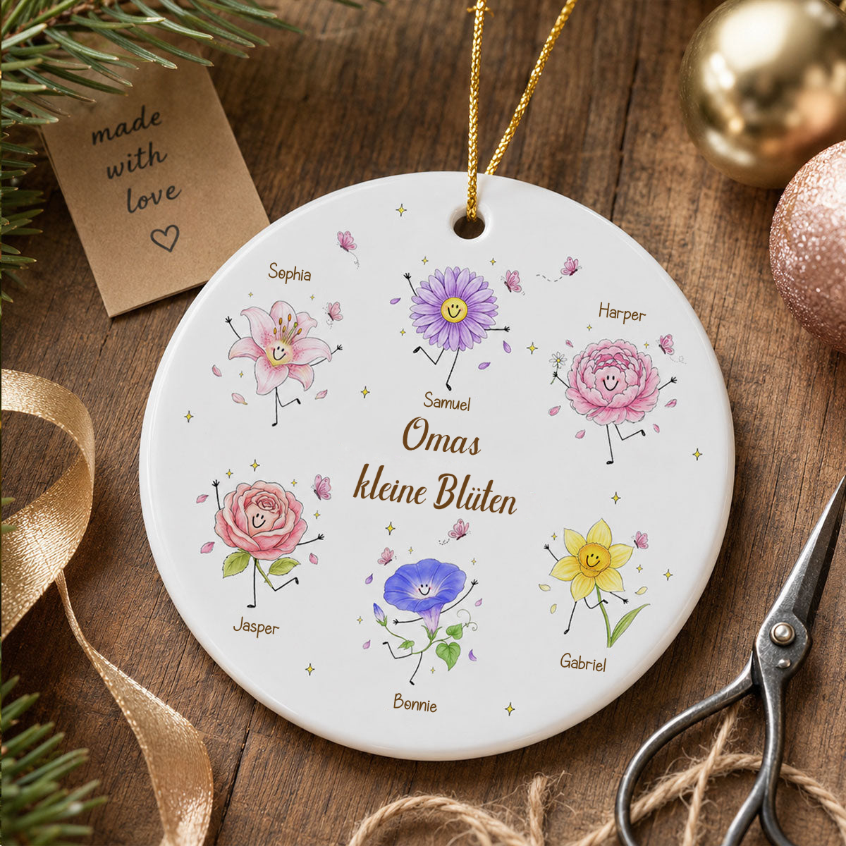 Personalisierter Keramik-Weihnachtsanhänger mit Geburtsblumen & Namen