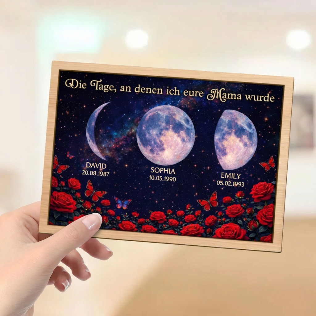 Rosen und Mondphasen - Personalisierter Holzaufsteller für Mama