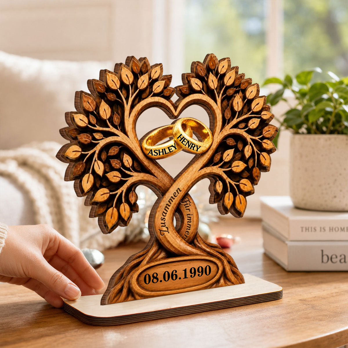 Personalisierter Holzaufsteller zum Jahrestag – Baum- & Ringmotiv mit Namen