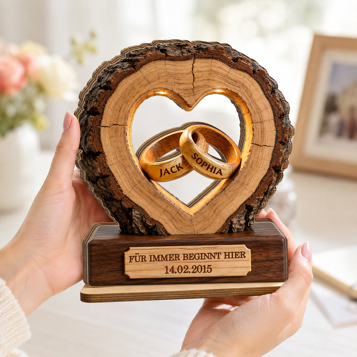 Personalisierter Holzaufsteller mit Ringen Geschenk zum Jahrestag Hochzeitsgeschenke