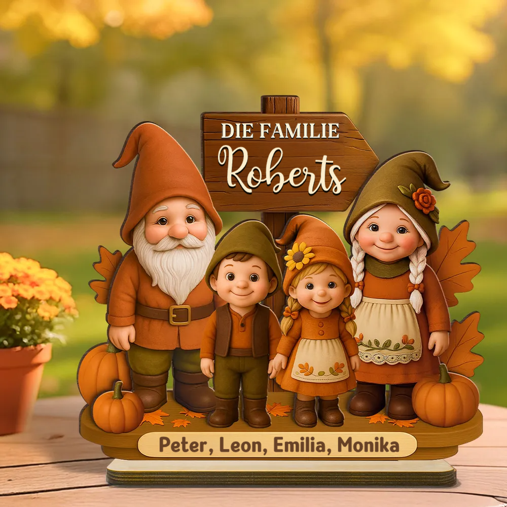 Gnomenfamilie Herbstsaison Holzplakette mit Namen