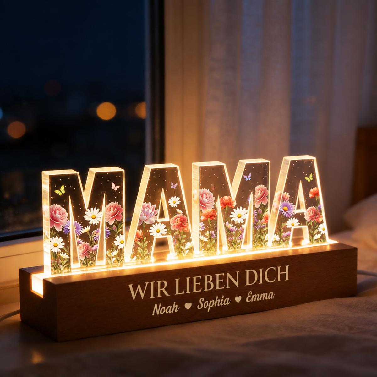 Personalisierte LED-Nachtlicht mit Geburtsblumen – für Oma und Mama