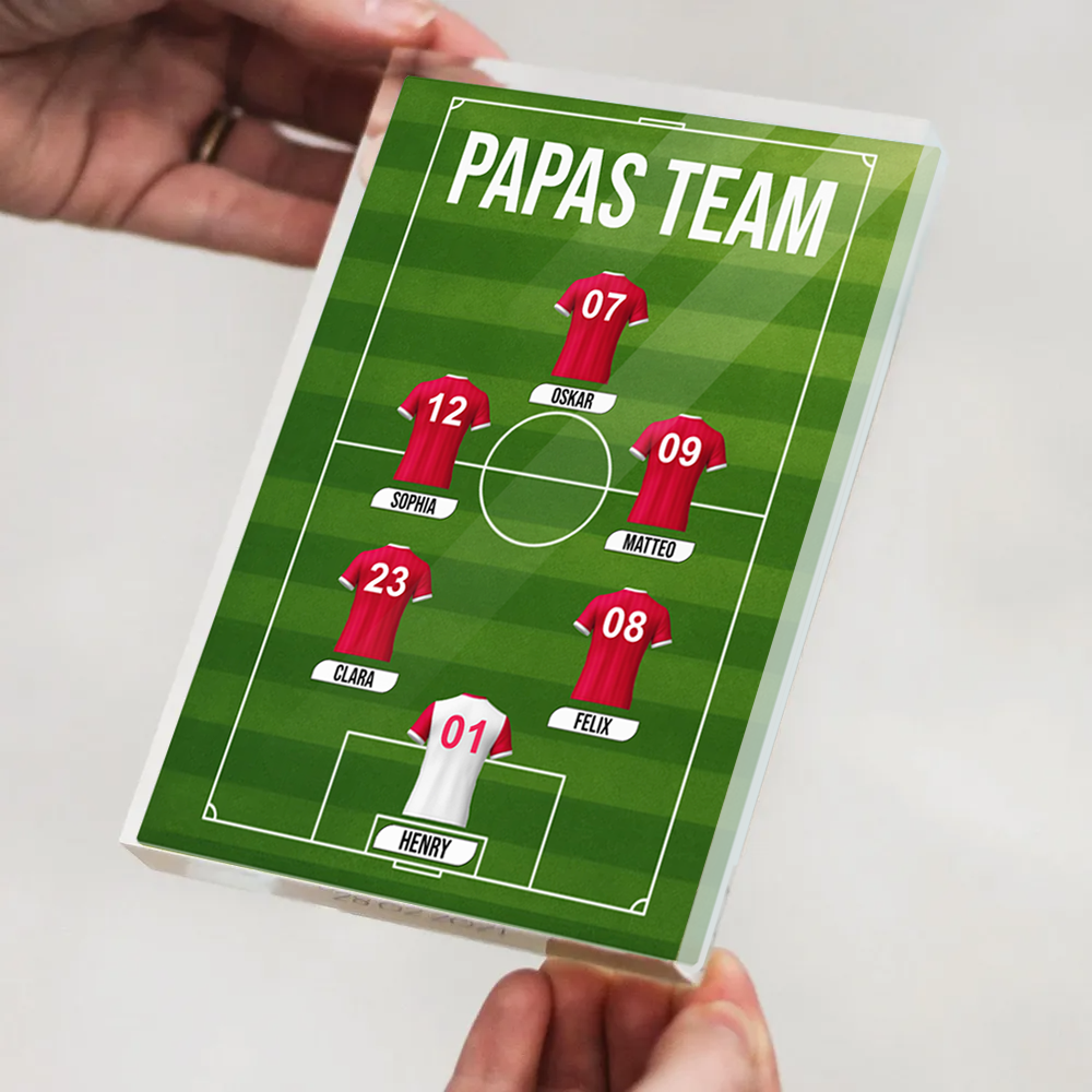 Papas Fußball Team-Acrylblock mit Trikots und Text Geschenk für Papa und Fußballfans