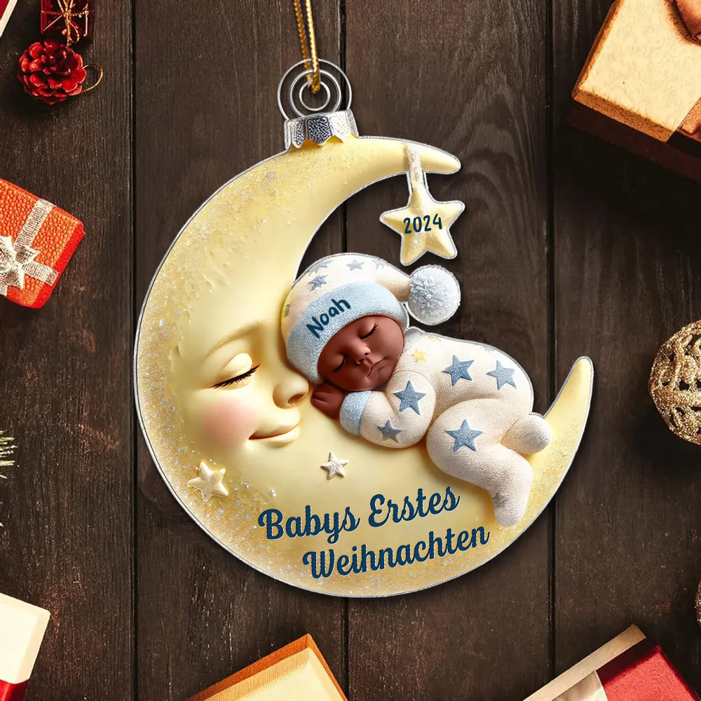 Babys erstes Weihnachten – Personalisierter Acryl-Anhänger „Baby auf Mond“