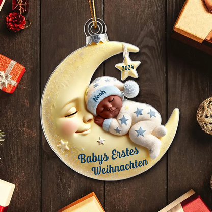 Babys erstes Weihnachten – Personalisierter Acryl-Anhänger „Baby auf Mond“