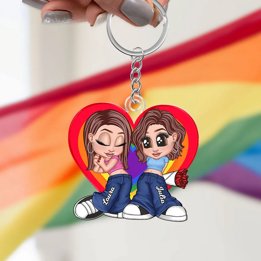 Regenbogenherz-Personalisierter Acryl-Schlüsselanhänger für Paare LGBT