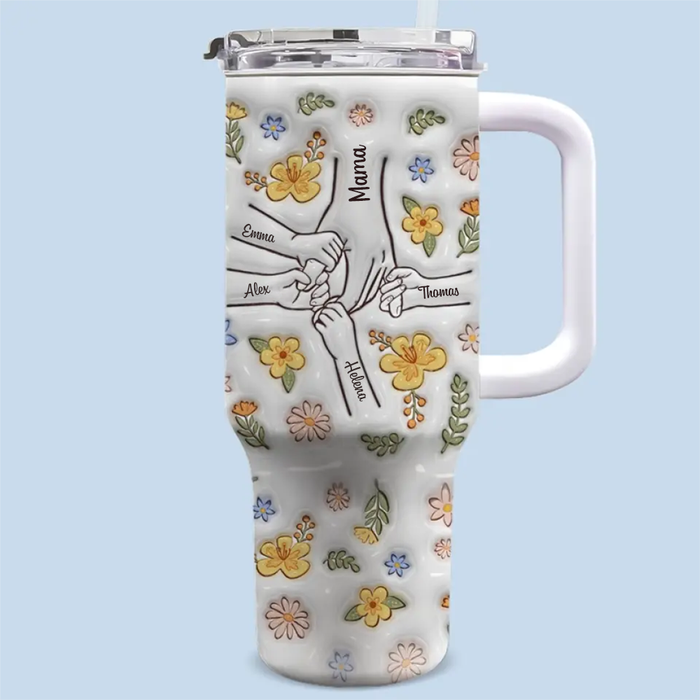 Hand in Hand – Personalisierter 40oz-Thermobecher mit Strohhalm, Geschenk für Mama, Oma – Becher mit 3D-Aufbläh-Effekt