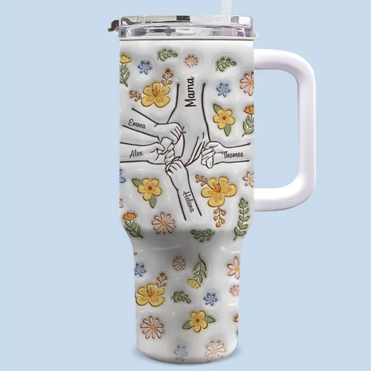 Hand in Hand – Personalisierter 40oz-Thermobecher mit Strohhalm, Geschenk für Mama, Oma – Becher mit 3D-Aufbläh-Effekt