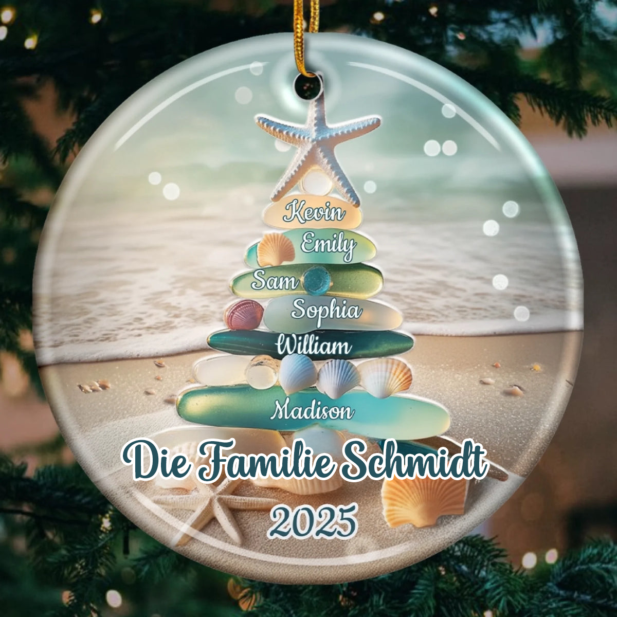 Personalisiertes Keramikornament mit Meerglas Christbaumschmuk mit Namen