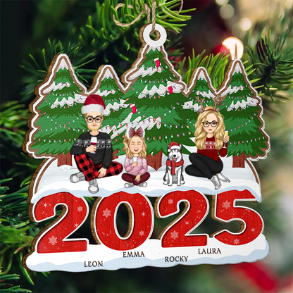 Personalisierter Holzanhänger Familie 2025 Christbaumschmuck mit Hund und Katze