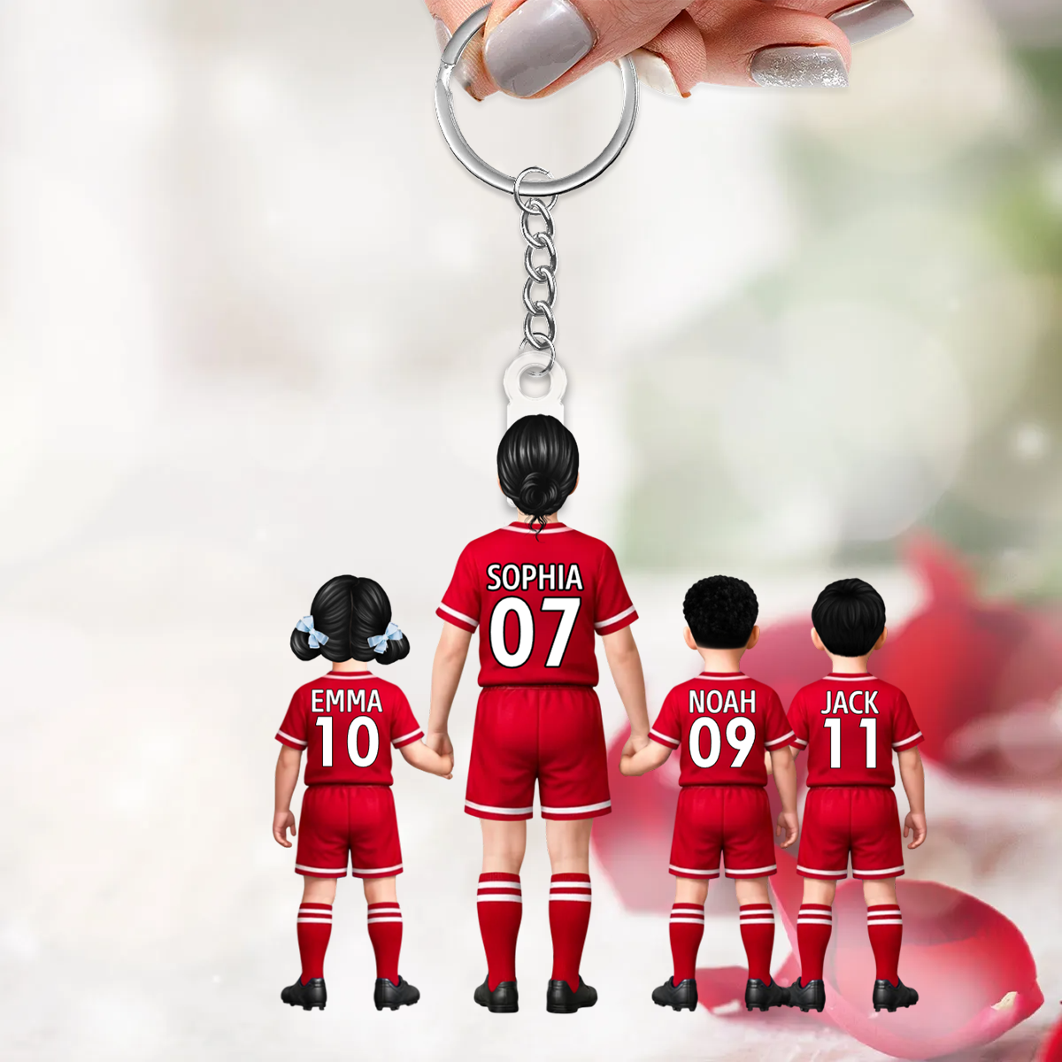 Fußballmama und Kinder- Acrylschlüsselanhänger mit Trikots und Namen