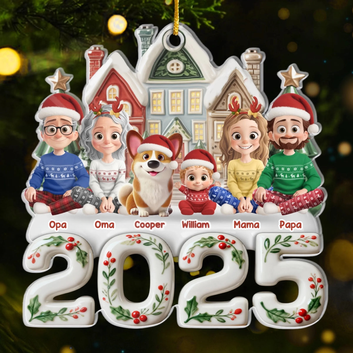 Personalisierter Acrylanhänger 2025 Christbaumschmuck mit Familie, Hund und Katze